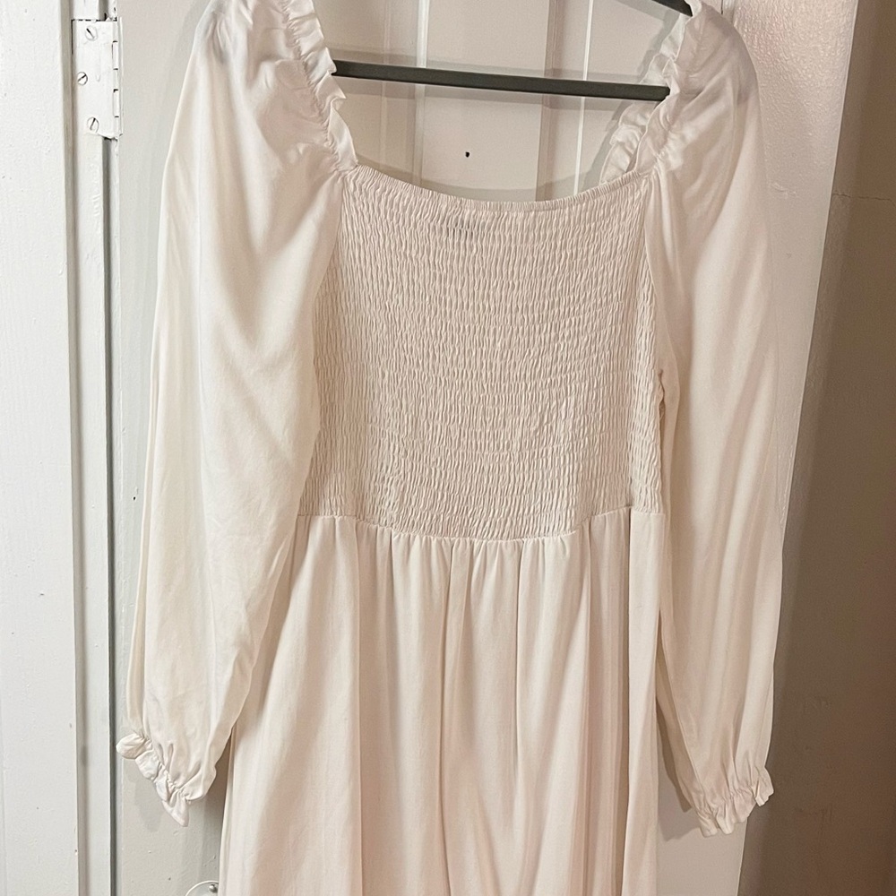 White Smocked Bodice Long Sleeve Dress